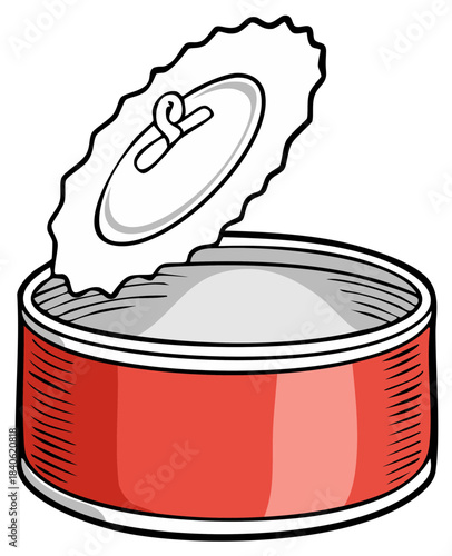 Open Red Tin Can with Torn Edge Lid and Silver Interior Isolated on White Background
