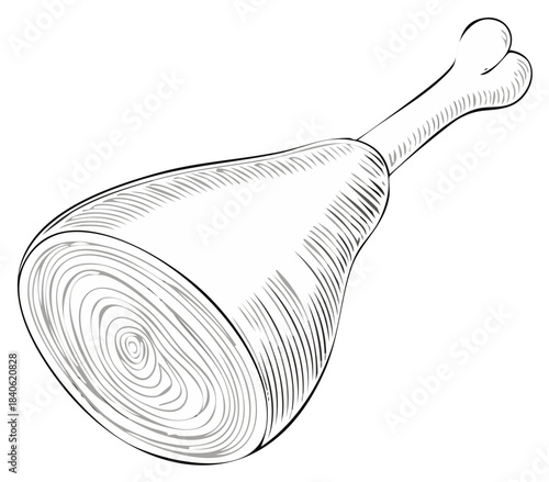 Raw meat leg with bone in a vintage line art style