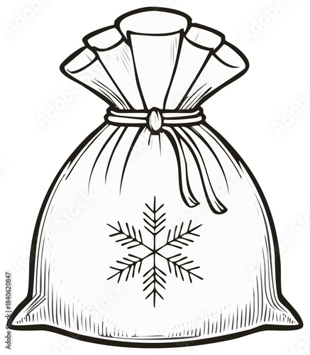 Black and white line art illustration of a holiday gift sack with a snowflake design