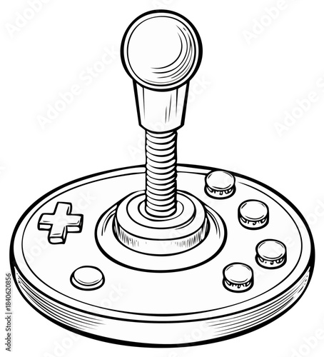 Retro arcade video game joystick controller vintage gaming device line art illustration