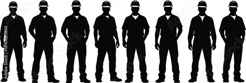 Silhouette group of construction workers wearing safety helmets, industrial labor team illustration, workforce icons for engineering, building, and professional industry design