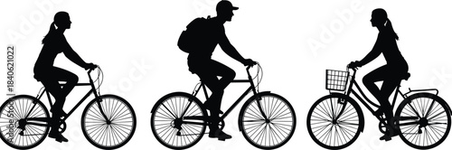Silhouette illustration of men and women riding bicycles in side view, cycling activity concept representing outdoor transport, healthy lifestyle and fitness