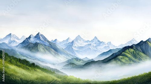 Majestic mountain landscape with snow capped peaks and lush green valleys, enveloped in soft mist, creating serene and tranquil atmosphere
