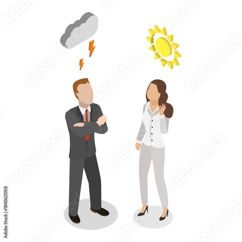 3D Isometric Flat Vector Illustration of Pessimist and Optimist, Positive And Negative Thinking. Item 3