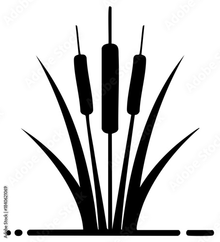 Silhouette of Aquatic Cattails and Leaves a Marsh Environment Symbol, Riverbank Botanical Element