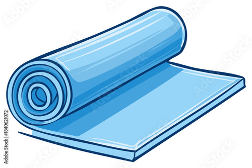 Rolled Blue Yoga Mat with Shadow Artistic Drawing for Fitness and Exercise Activities Design Element