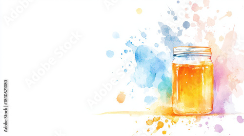 Vibrant watercolor painting of jar filled with honey, surrounded by colorful splashes of paint, evokes sense of sweetness and creativity