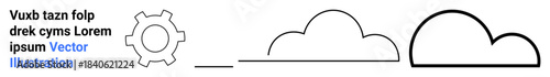 Gear with thin outline next to clouds in varied line thickness blending technology, innovation, cloud computing, collaboration, automation, creativity, and modern design. Ideal for simple landing