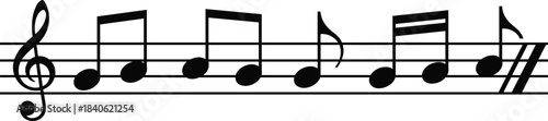 Musical notes on staff with treble clef, melody line illustration, music notation symbol design for composers, musicians, sheet music graphics