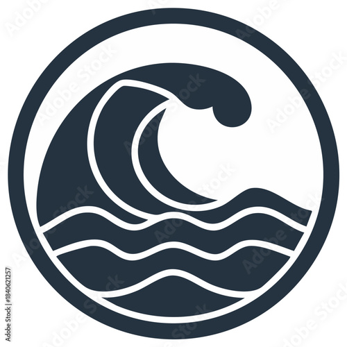 Ocean wave emblem. Vector illustration of a cresting wave inside a circular frame.