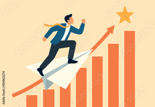 Business growth step to success, boost fast speed success or achievement, aspiration or career growth journey, leadership concept, businessman riding origami fast up stair to success challenge