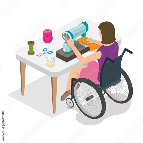 3D Isometric Flat Vector Illustration of Disabled Character and Household Chores, Home Tasks Completion. Item 3