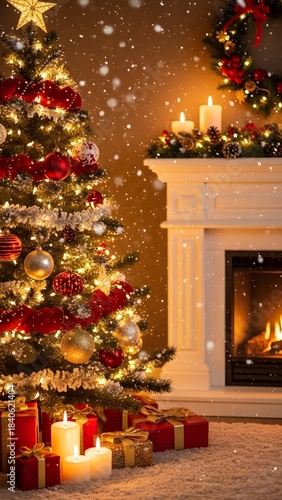 Vertical Christmas card design with vibrant ornaments, glowing candles, soft snowfall, warm winter atmosphere, festive tree centerpiece, premium ultra-detailed textures, cinematic lighting, joyful sea