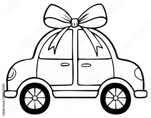 Black and white cartoon car drawing with a huge celebratory ribbon bow on top perfect for a coloring page