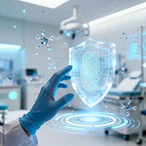 A gloved hand interacts with a digital fingerprint shield, symbolizing security and technology in a modern medical environment.