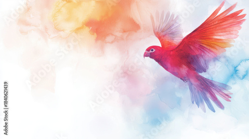 Vibrant watercolor painting of flying bird with colorful feathers, showcasing shades of red, orange, and blue, evoking sense of freedom and beauty