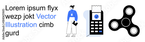 Digital payments, work environments, gadgets, shopping, productivity, youth culture. A woman with a name tag, a payment terminal and a spinner. Digital payments and work environments concept