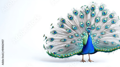 Vibrant peacock displays its colorful feathers, showcasing intricate patterns and vivid hues. elegant bird stands proudly against clean