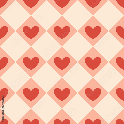 Vector seamless pattern with cute red heart icons on pastel pink diamond argyle background. Romantic valentines day love print for wrapping paper, textile, fabric, wallpaper and holiday gift design.