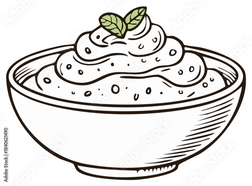 Delicious creamy dip garnished with fresh mint leaves in a sketched bowl