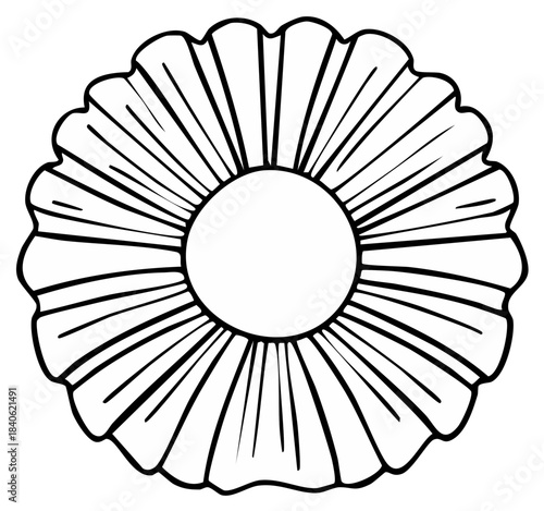 Hand drawn circular ruffle with pleated lines and a blank center. Simple black and white doodle illustration.