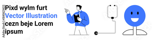 Medical illustration, health communication, patient care, telehealth, healthcare processes, wellness promotion. A professional pointing beside medical equipment and a smiling face icon. Medical care