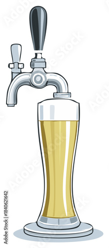 Classic shiny bar tap dispensing fresh golden frothy beer into a tall elegant pint glass illustration