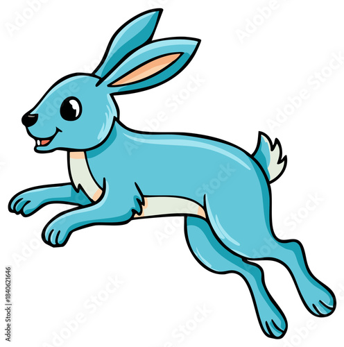 A cute blue cartoon rabbit character happily jumping and leaping in the air