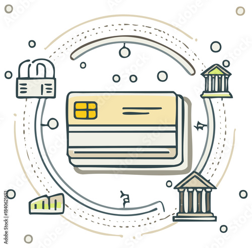 Credit cards and secure banking doodle illustration, online payment security, internet payment with bank buildings and padlock