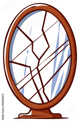Cartoon illustration of a broken oval mirror with cracks and liquid droplets symbolizing bad luck and fragility