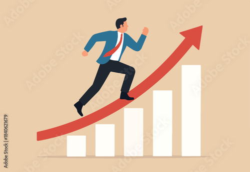 Business growth, challenge to success, career growing achievement, ambition or aspiration to achieve goal, development effort, improvement or winner step concept, businessman running up growth chart.