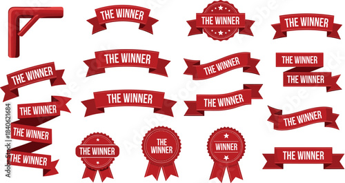 Collection of red winner ribbons and award badges with bold typography, celebratory victory banners, achievement labels, champion prize emblem vector design