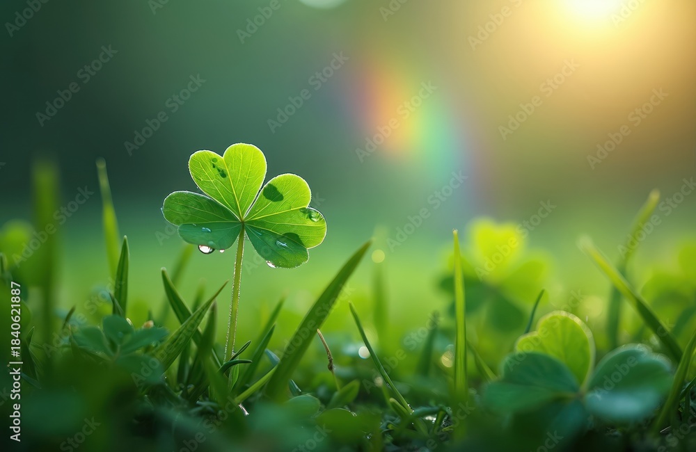 Fototapeta premium Fresh green clover leaf with water drops stands in rich grass field morning. Sunlight shines through leaves, creating soft glowing effect. Delicate rainbow appears in blurred background. Nature scene