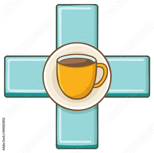 Medical Cross with a Coffee Mug Icon for Health and Energy Concept