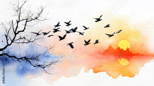 Serene landscape featuring sunset with vibrant colors, silhouetted birds in flight, and tranquil reflection on water