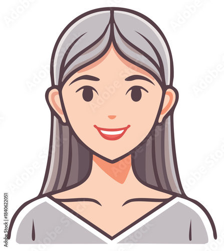 Smiling Woman Illustration with Long Gray Hair Graphic Avatar Design
