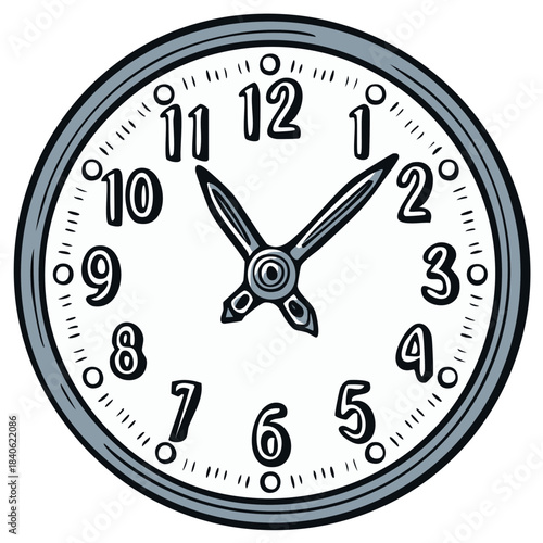 Cartoon analog wall clock displaying time. Decorative graphic clock face with numerals and minute markers.