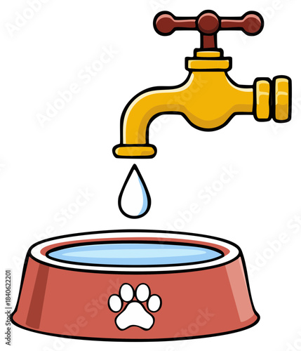 Cartoon faucet with water drop and a pet bowl with a paw print inside.