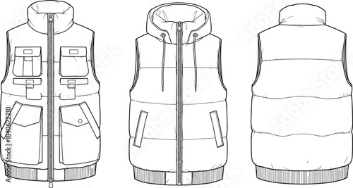 Technical fashion drawing of sleeveless padded vests showing front, back, and hooded designs, garment template illustration for apparel design projects