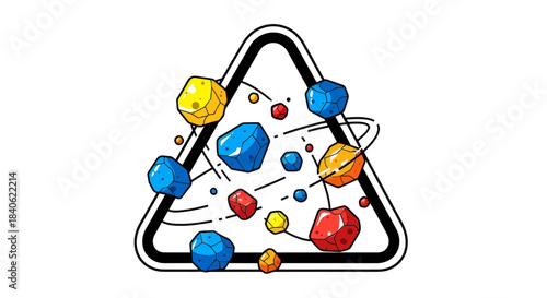 Colorful Geometric Forms Orbiting Within a Triangular Frame Design Illustration