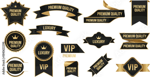 Luxury and premium quality badge collection with black and gold ribbons, VIP labels, elegant classic emblems, decorative branding elements, vector design set