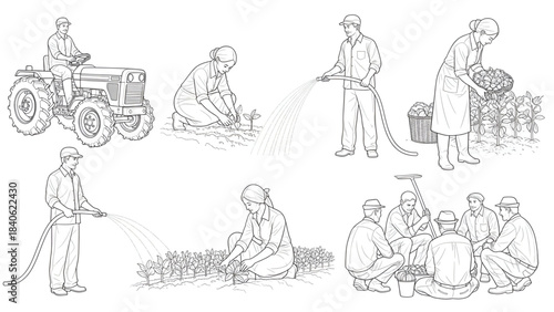 Farmers Working in Fields | CAD Line Drawing for Architecture