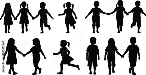 Silhouette collection of children walking, running, and holding hands, playful boys and girls together, youth friendship teamwork illustration for design projects