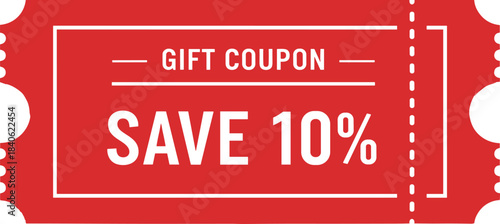 Red gift coupon ticket design offering a ten percent discount, promotional voucher graphic, special offer savings label, retail marketing sale element