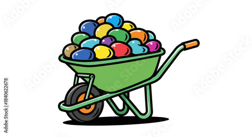 Colorful Wheelbarrow Filled With Vibrant, Smooth Stones Illustration on White Background