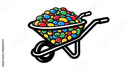 Colorful Wheelbarrow Filled With Various Brightly Colored Objects Against a White Backdrop