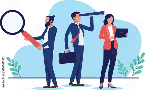 Business research team - Group of three businesspeople with magnifying glass, binocular and computer looking for opportunities together. Flat design vector illustration with white background.