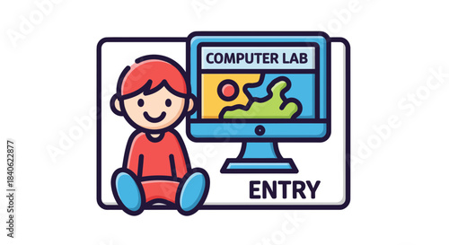 Computer Lab Entry Illustration Featuring A Child And Educational Technology Design