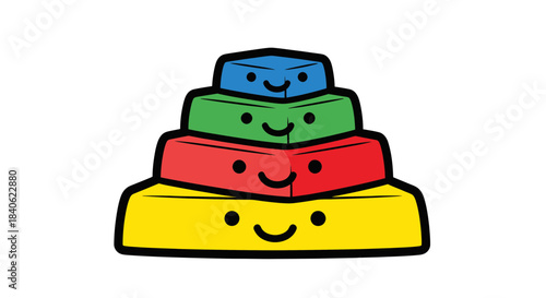 Colorful Animated Blocks Construction Forming Pyramid, Smiling and Happy, Isolated on White