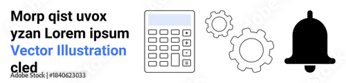 Technology, productivity tools, automation, notifications, business management, digital systems. Icon set includes a calculator, gears and bell. Technology and productivity tools concept